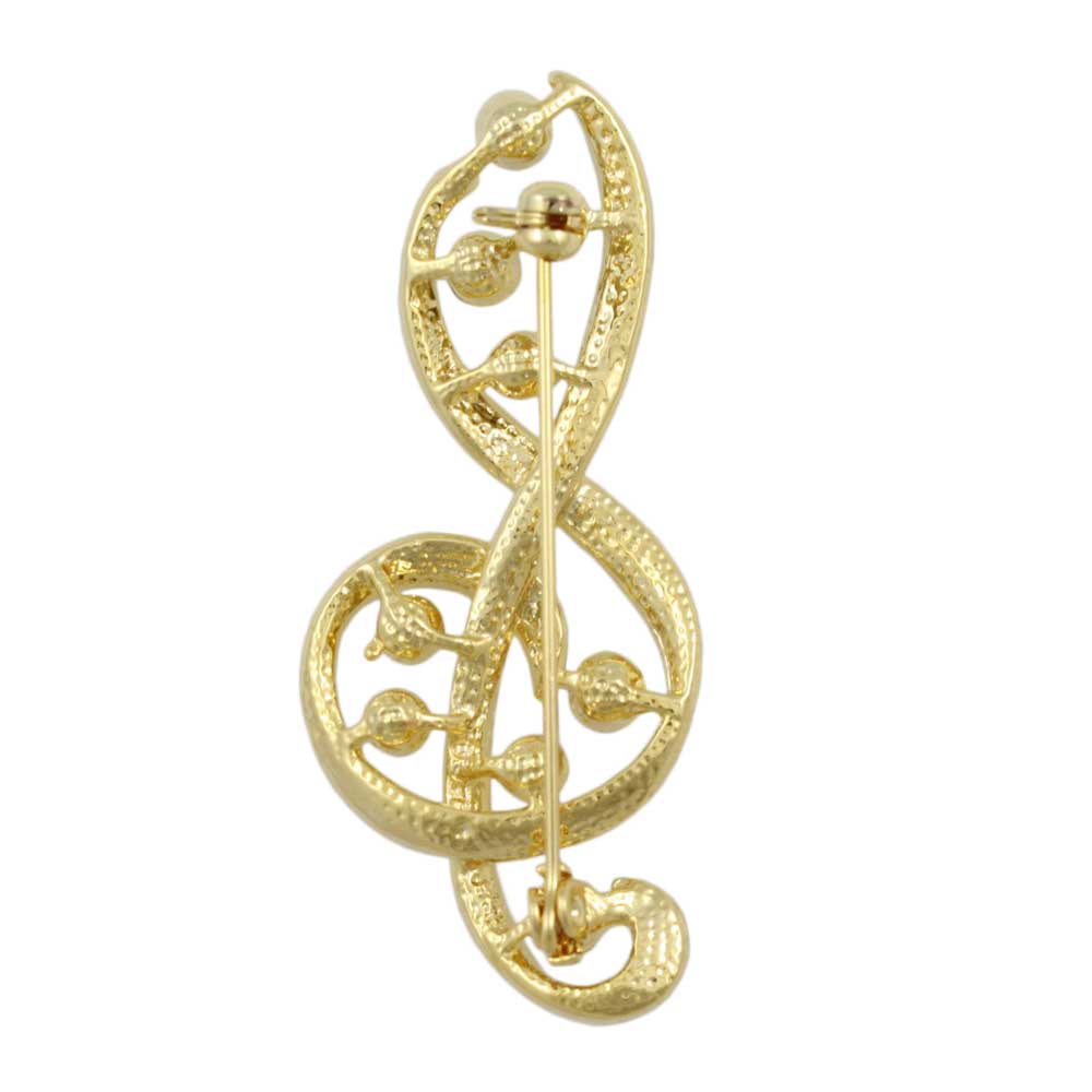 Back view of Gold with Clear Crystals G-Clef Brooch Pin - Lilylin Designs