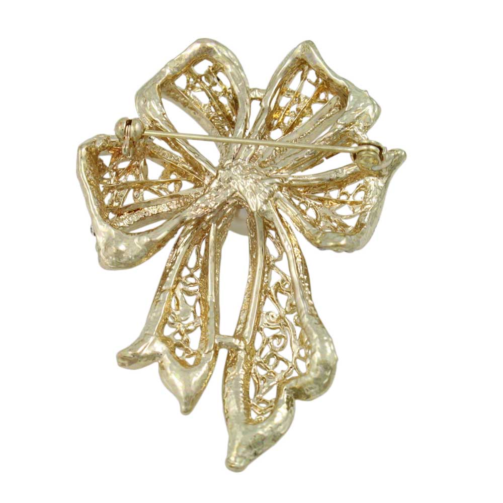 Back view of Large Gold Filigree Crystal Bow with White Pearl Pin - Lilylin Designs