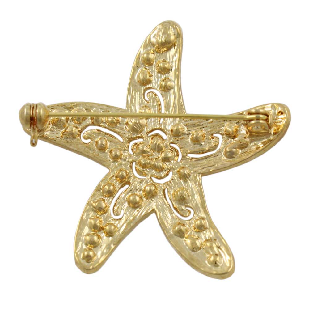 Back view of Gold Starfish with Clear Crystals and Flower Brooch Pin - Lilylin Designs