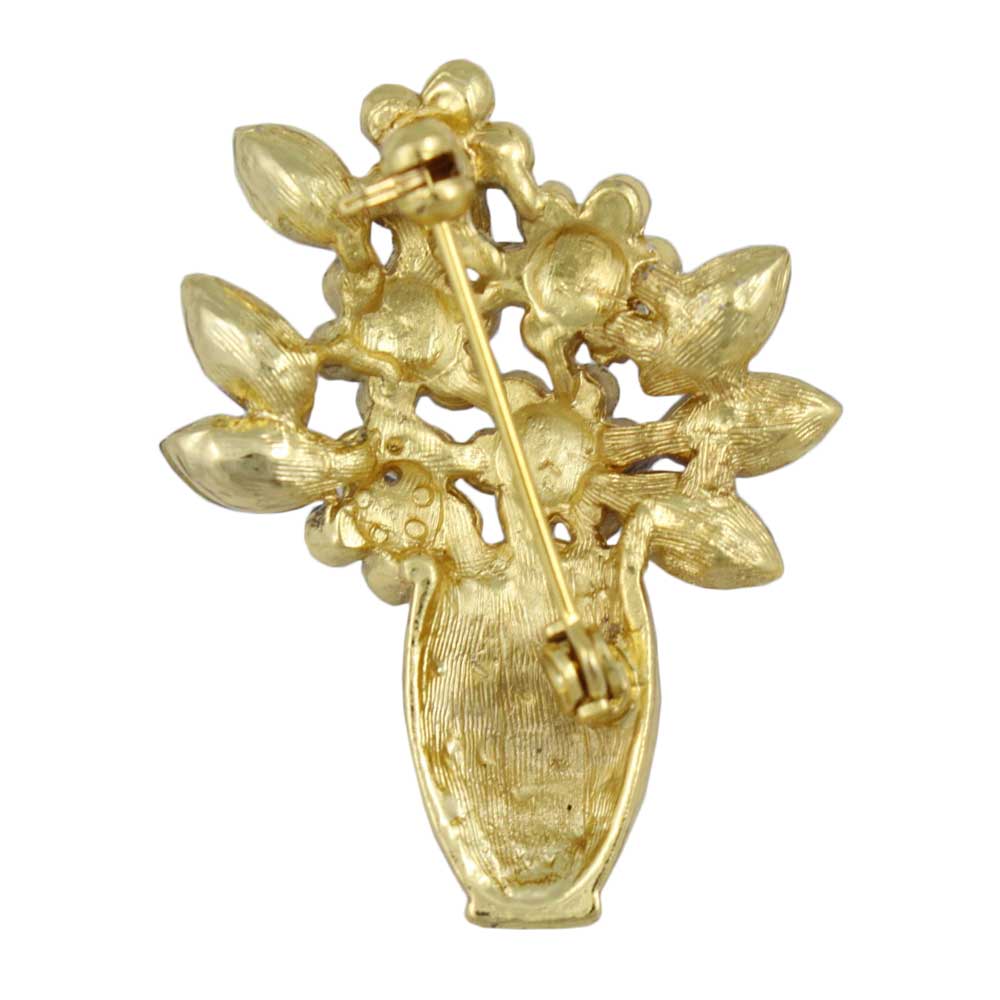 Back view of Gold Vase with Blue Crystal Daisies Flower Brooch Pin - Lilylin Designs