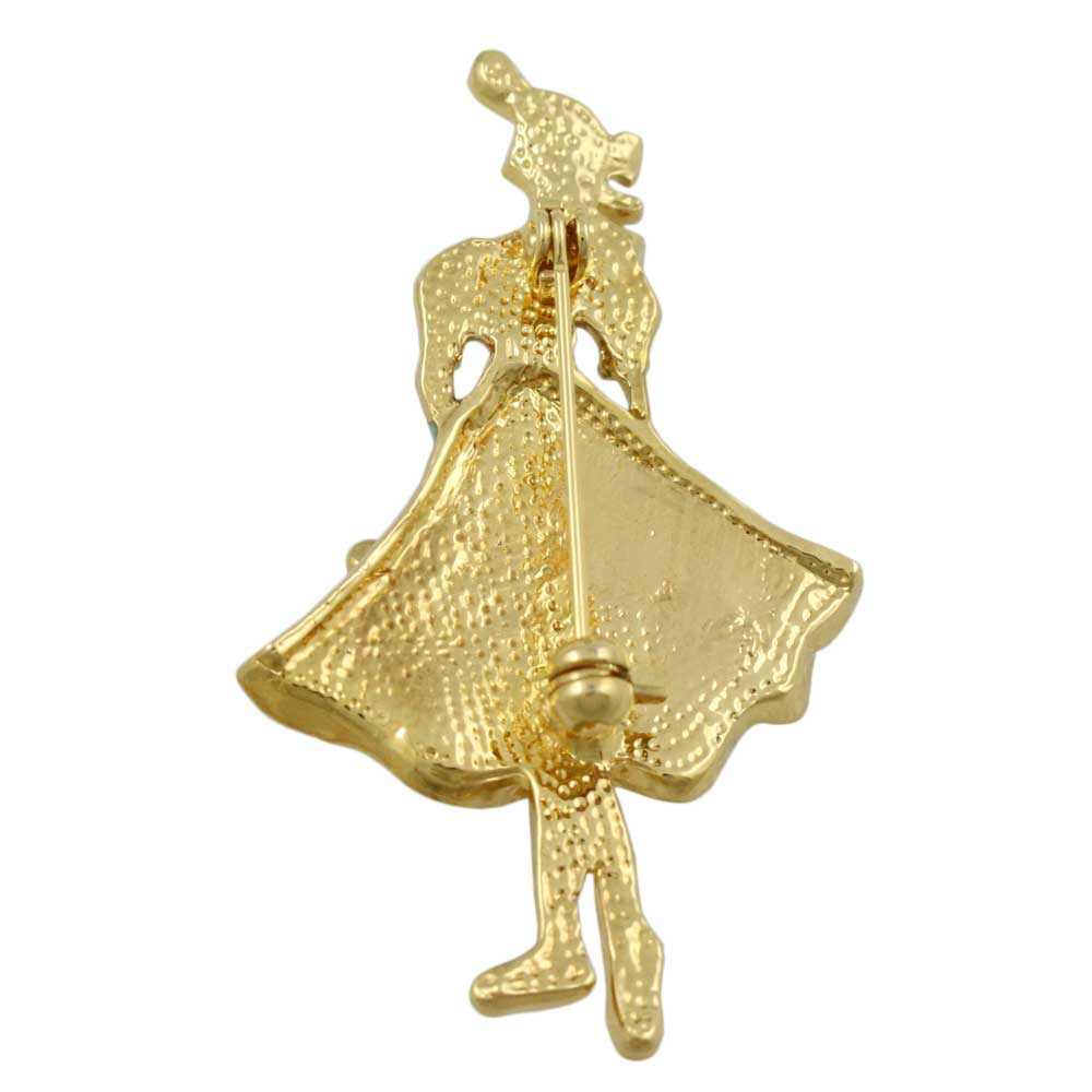Back view of Gold and Enamel Lady with Flower Basket Brooch Pin - Lilylin Designs