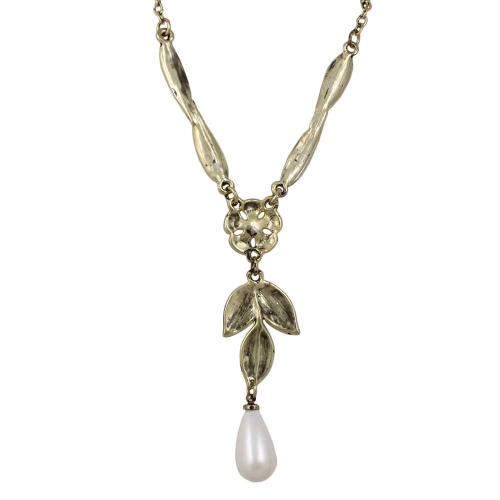 Back view of Gold Flower and Leaves with Dangling Pearl Necklace - Lilylin Designs