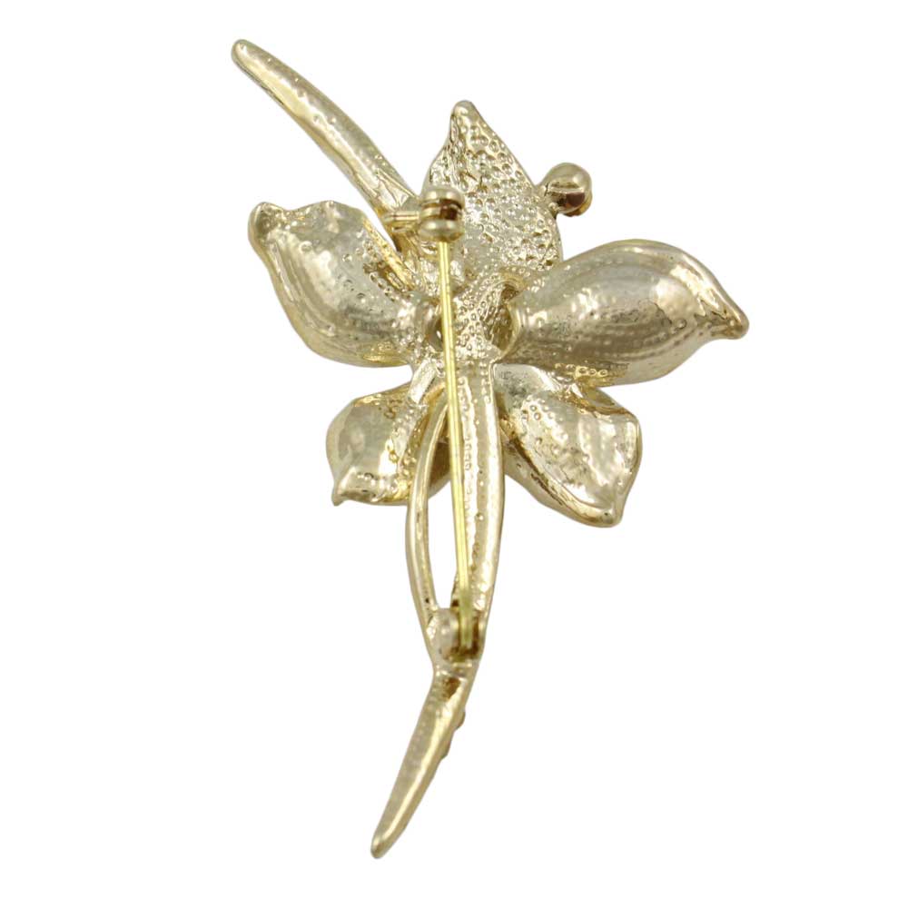 Back view of Brown and Gold Crystal Long Stem Flower Brooch Pin - Lilylin Designs