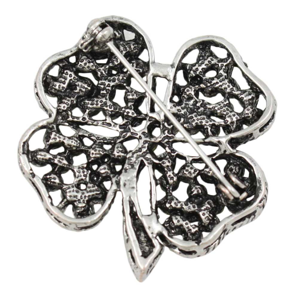 Back view of Antique Light Olive Green Crystal 4 Leaf Clover Brooch Pin - Lilylin Designs
