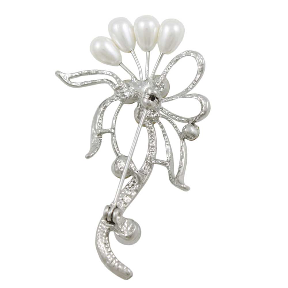 Back view of White Teardrop Pearl Buds with Crystal Bow Brooch Pin - Lilylin Designs