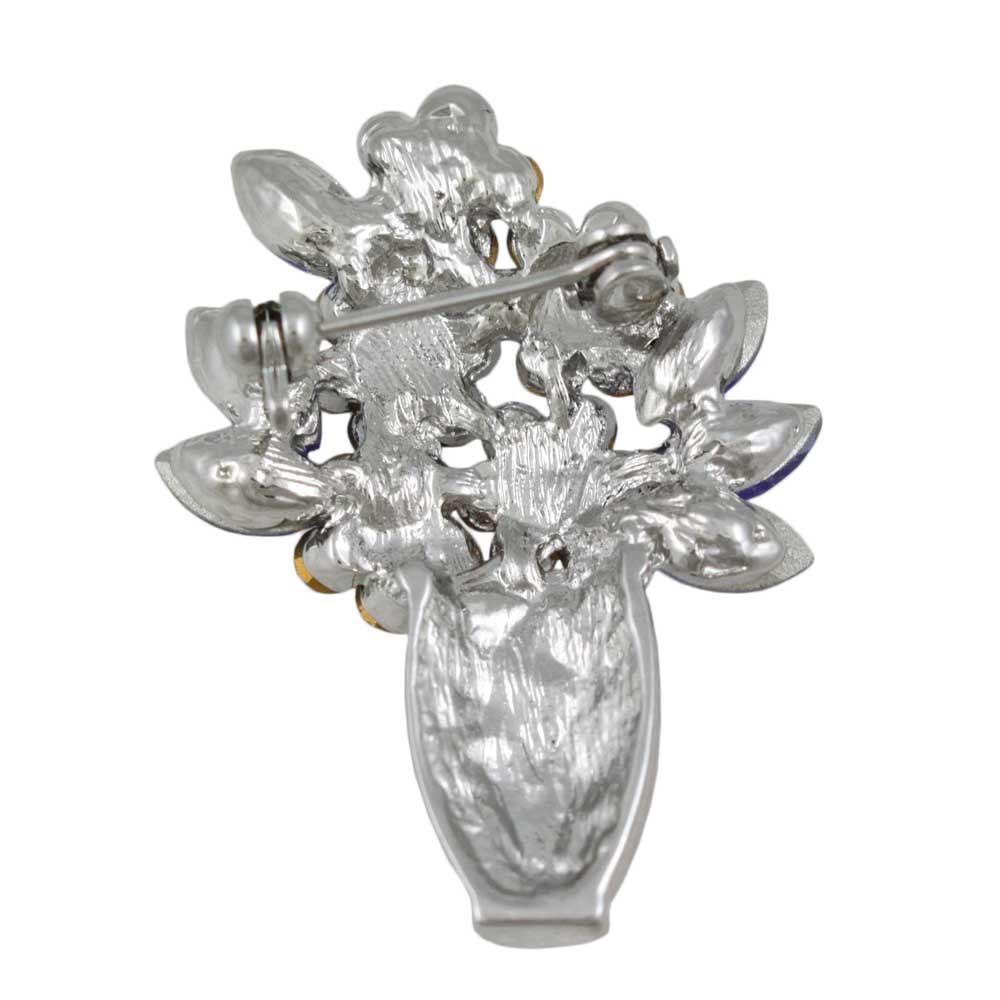 Back view of Silver Vase with Blue Crystal Daisies Flower Brooch Pin - Lilylin Designs