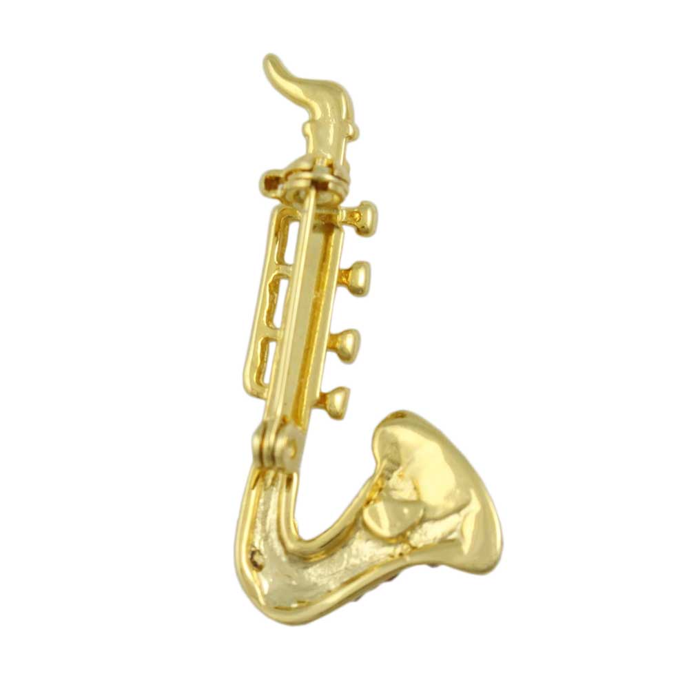 Back view of Small Gold and Crystal Saxophone Music Brooch Pin - Lilylin Designs