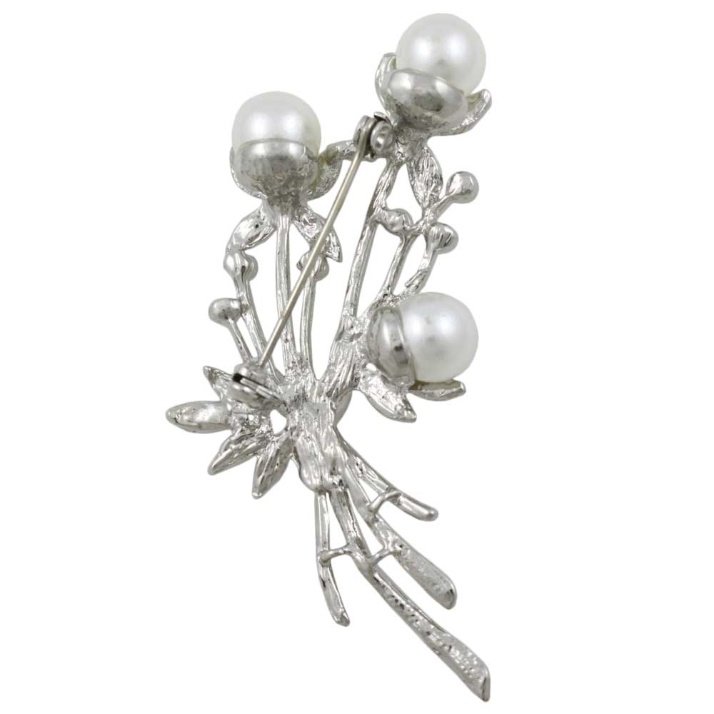 Back view of White Pearls with Clear Crystals Flower Buds Brooch Pin - Lilylin Designs