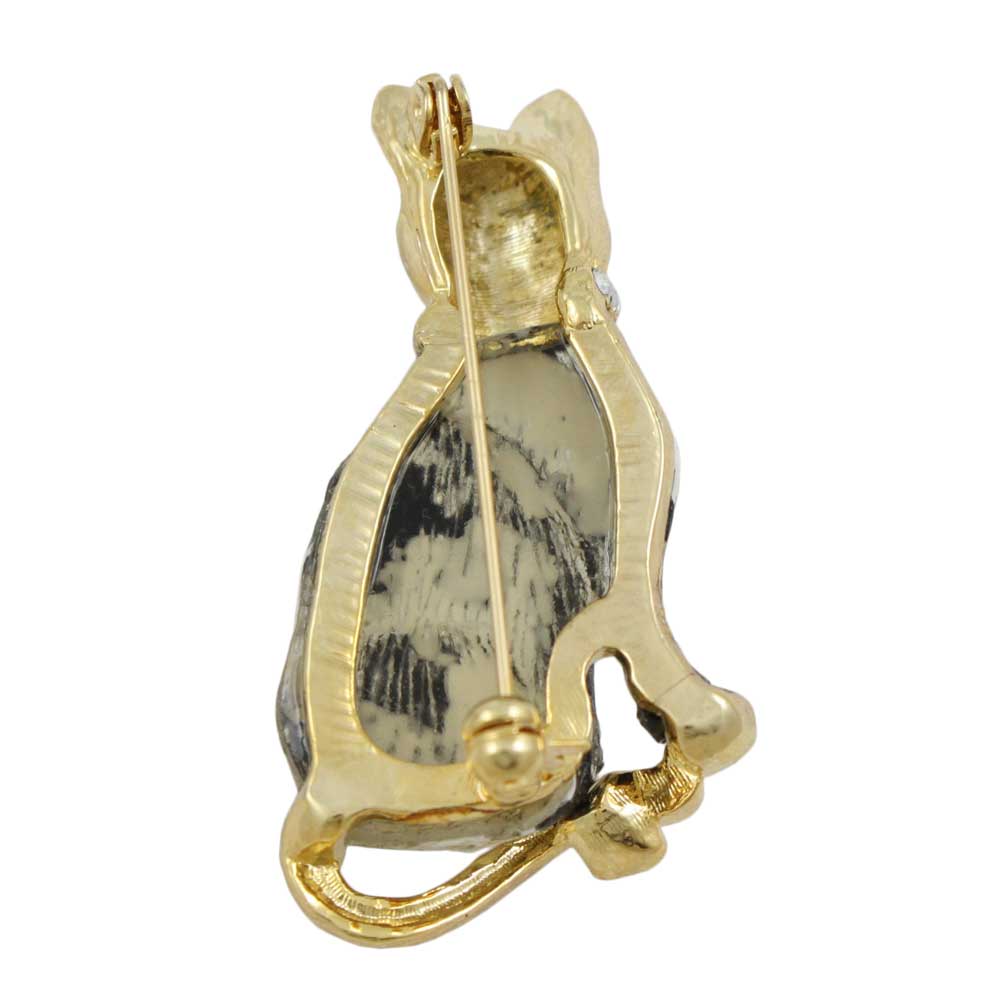 Back view of Black and White Cat with Crystal Collar Brooch Pin - Lilylin Designs
