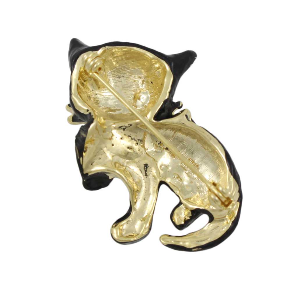Back view of Black Matte Enamel Cat with Crystal Eyes and Bow Brooch Pin - Lilylin Designs