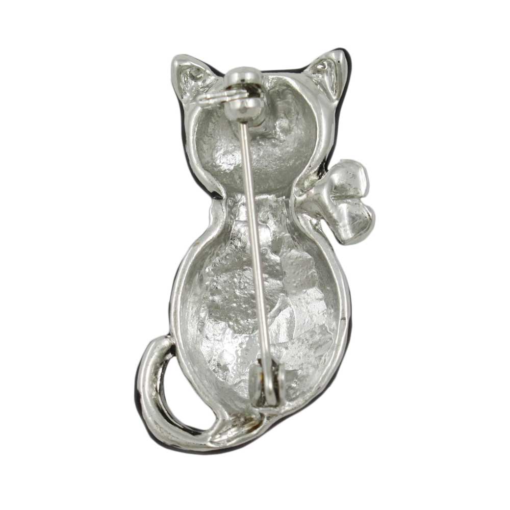 Back view of Black Enamel Cat with Crystal Flowers Brooch Pin - Lilylin Designs