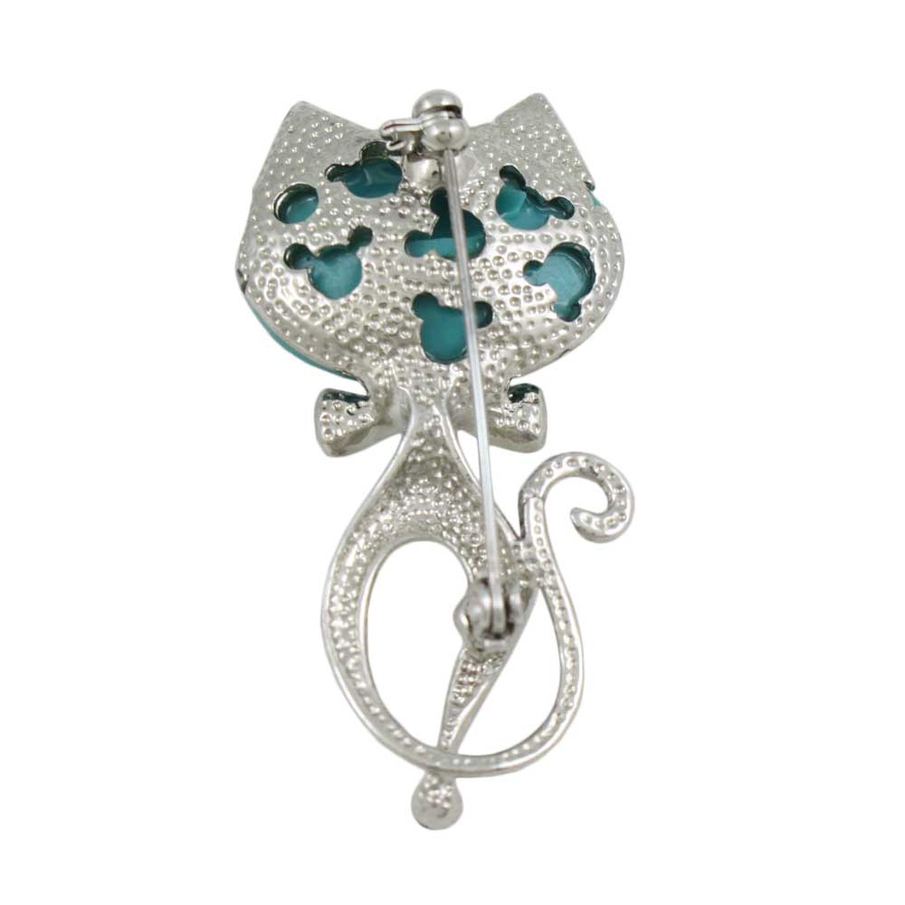 Back view of Cat with Large Blue Head and Crystal Bow Brooch Pin - Lilylin Designs