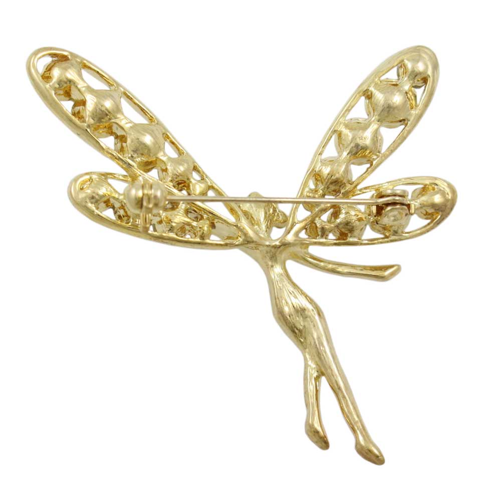 Back view of Gold and Crystal Fairy with Large Wings Brooch Pin - Lilylin Designs