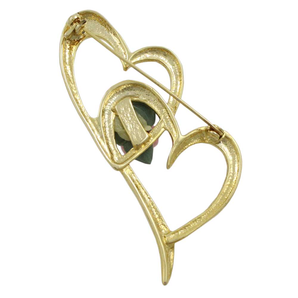 Back view of large gold double hearts with rose pin - Lilylin Designs