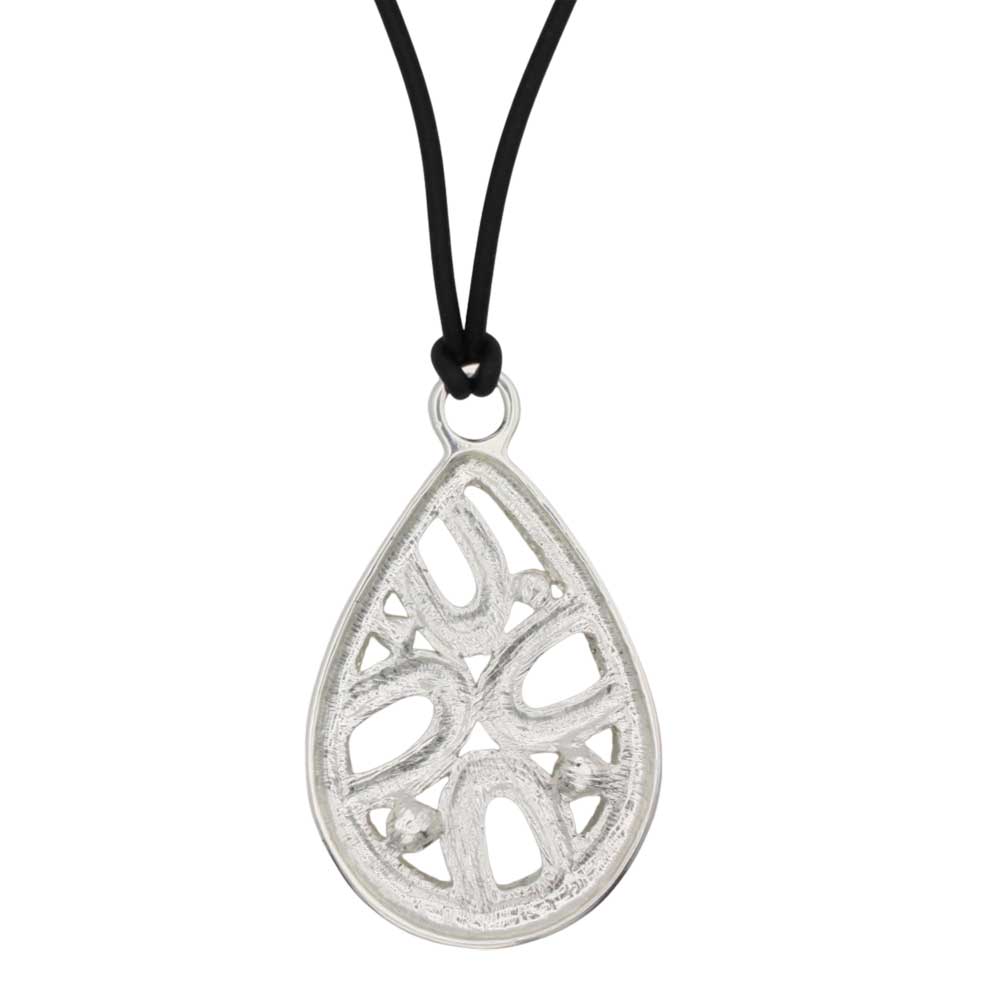 Back view of filigree teardrop necklace with rubber cord - Lilylin Designs