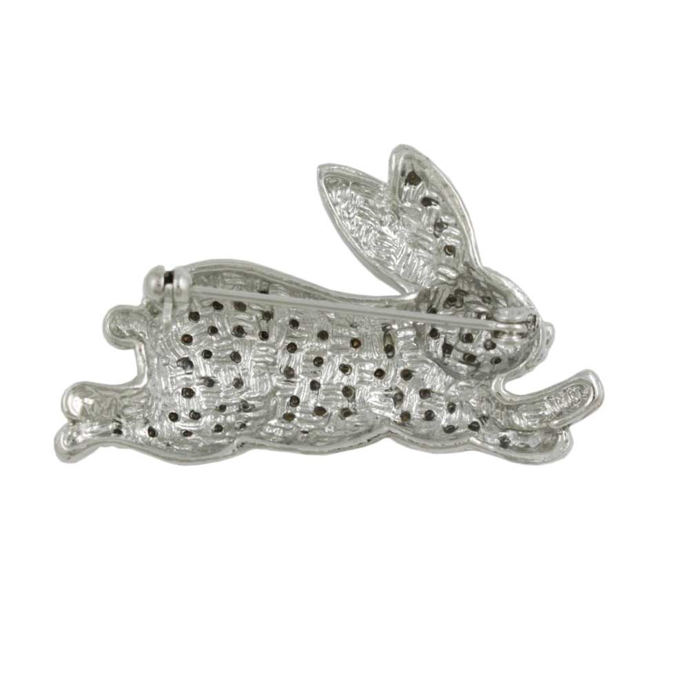 Back view of Crystal Leaping Bunny with Red Eye Brooch Pin - Lilylin Designs