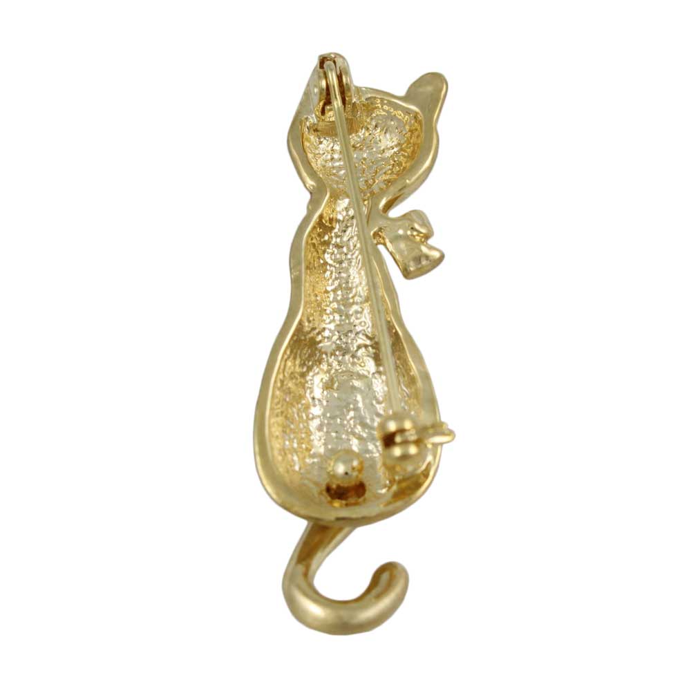 Back view of Matte Gold Cat with Crystal Bow and Moving Tail Brooch pin -  Lilylin Designs