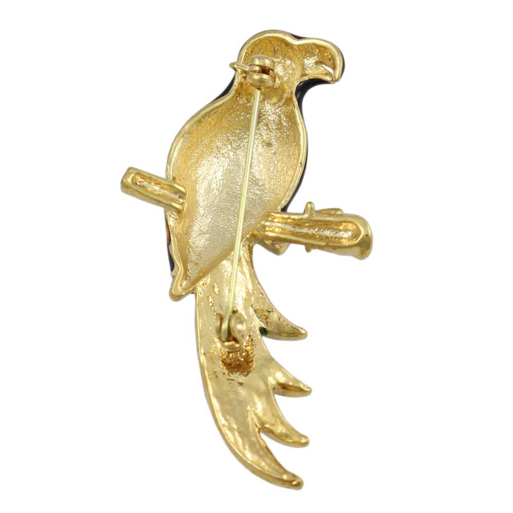 Back view of Parrot Brooch Pin with Colorful Dark Enamel and Crystals - Lilylin Designs