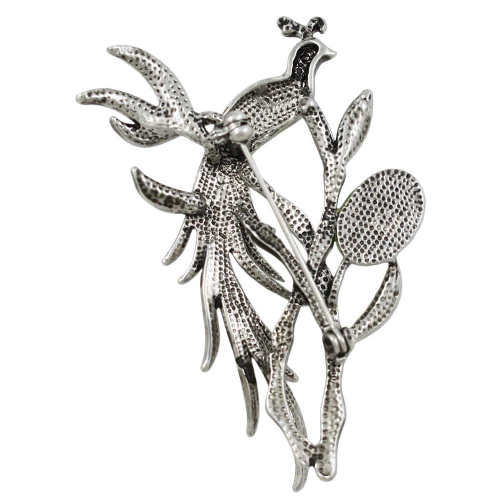 Back view of Peacock with Cats Eye and Crystals in Tree Brooch Pin - Lilylin Designs
