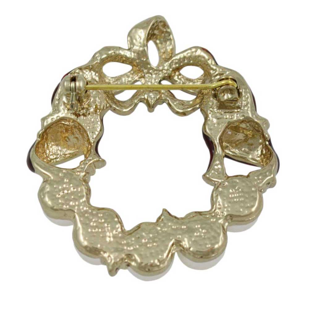 Back view of Pearl Christmas Wreath Brooch Pin with Red Green Ribbon - Lilylin Designs