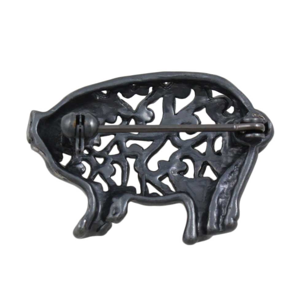 Pewter Pig Brooch Pin with Filigree Body back view - Lilylin Designs