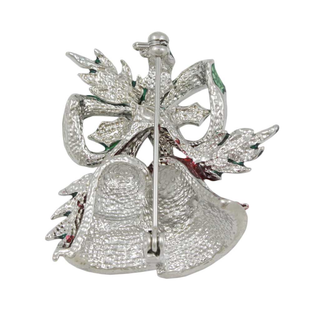 Back view of Red Christmas Bells Brooch Pin with Holly and Green Bow - Lilylin Designs