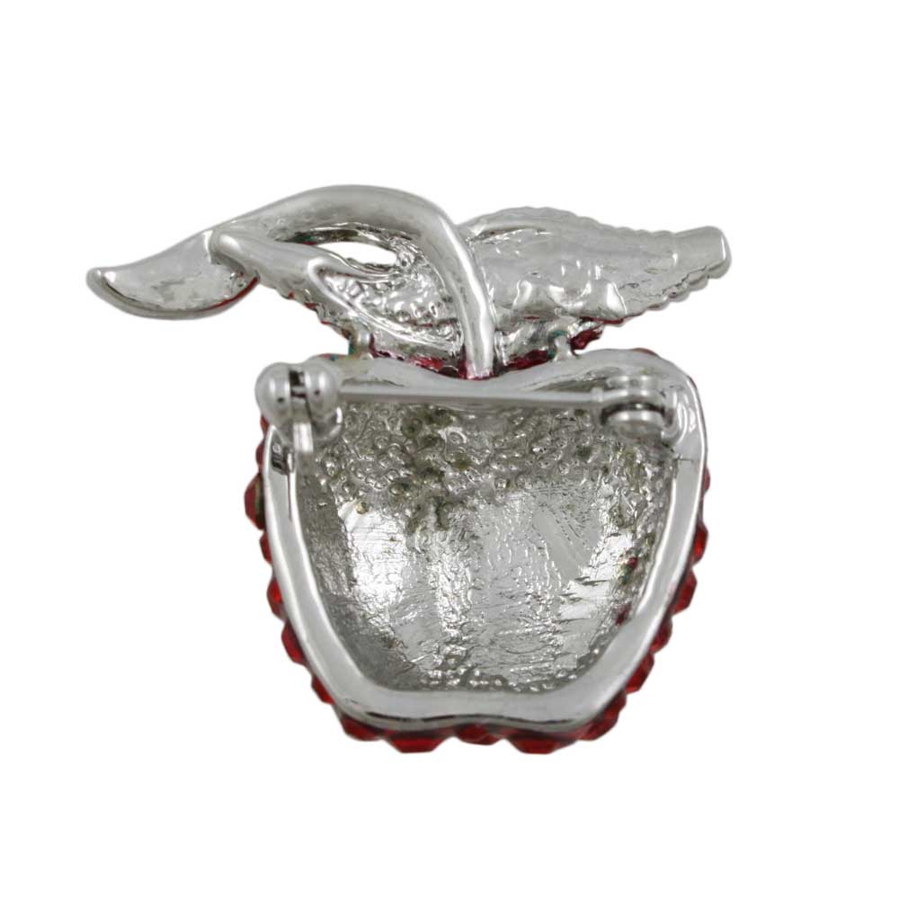 Back view of Red Crystal Apple Brooch Pin with Crystal Leaf and Stem - Lilylin Designs