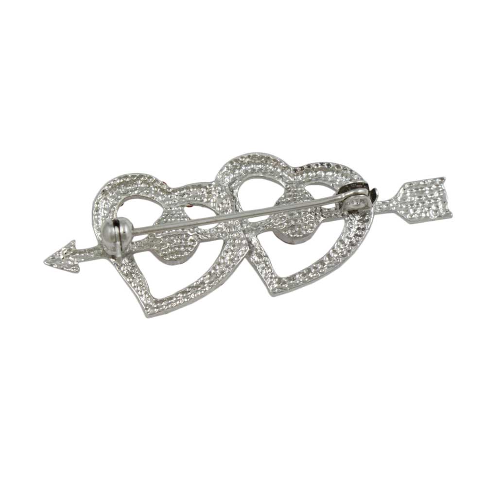 Back view of Silver and Red Crystal Hearts with an Arrow Brooch Pin -  Lilylin Designs