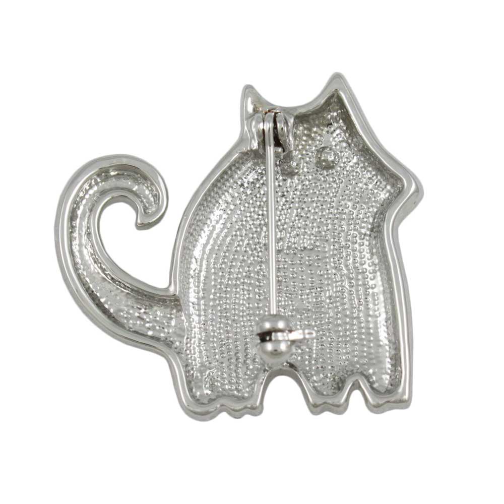 Back view of Silver Etched Fat Cat with Black Crystal Eyes Brooch Pin - Lilylin Designs
