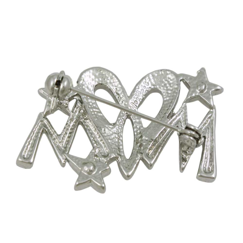 Back view of Silver with Red Crystals Elongated Heart MOM Brooch Pin - Lilylin Designs