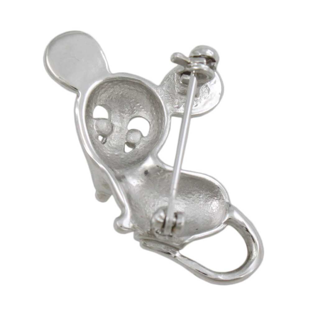 Back view of matte silver  mouse with black eyes brooch pin - Lilylin Designs
