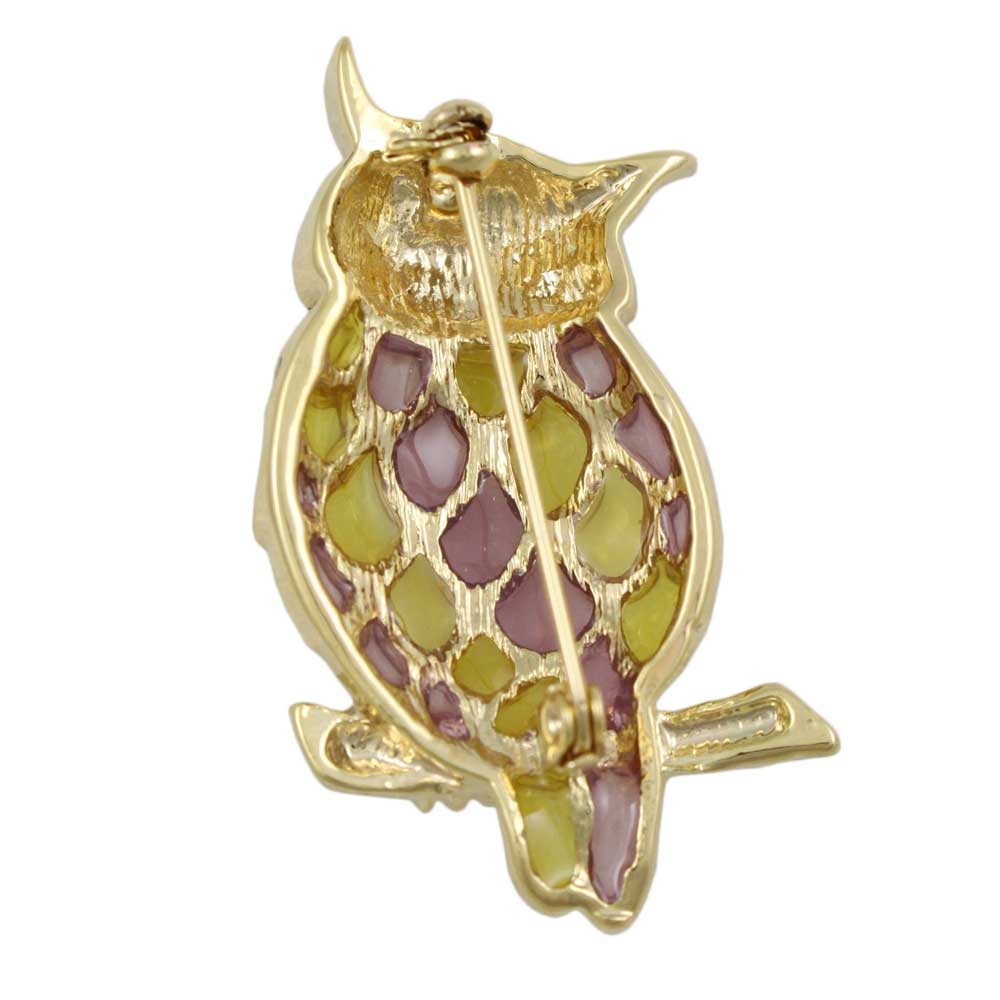 Back view of Pink and Yellow Stained Glass and Crystal Owl Pin - Lilylin Designs