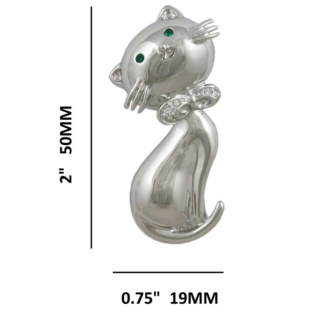 Big Head Cat with Green Crystal Eyes Brooch Pin with measurements - Lilylin Designs