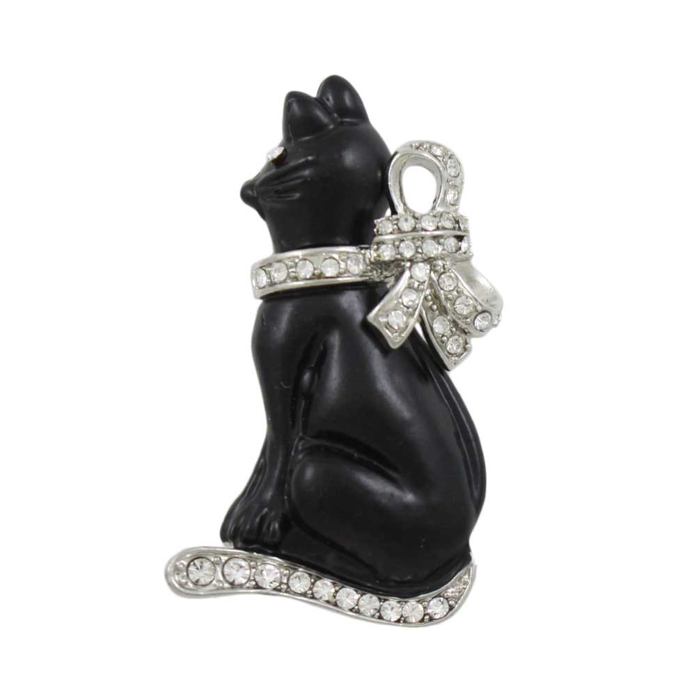Lilylin Designs Black Cat with Large Silver Crystal Bow Brooch Pin