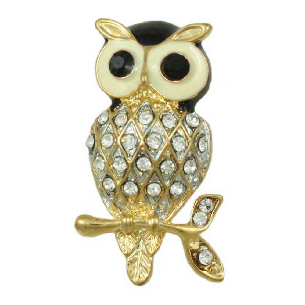 Lilylin Designs Crystal Harlequin Owl Brooch Pin Cream & Black Enamel