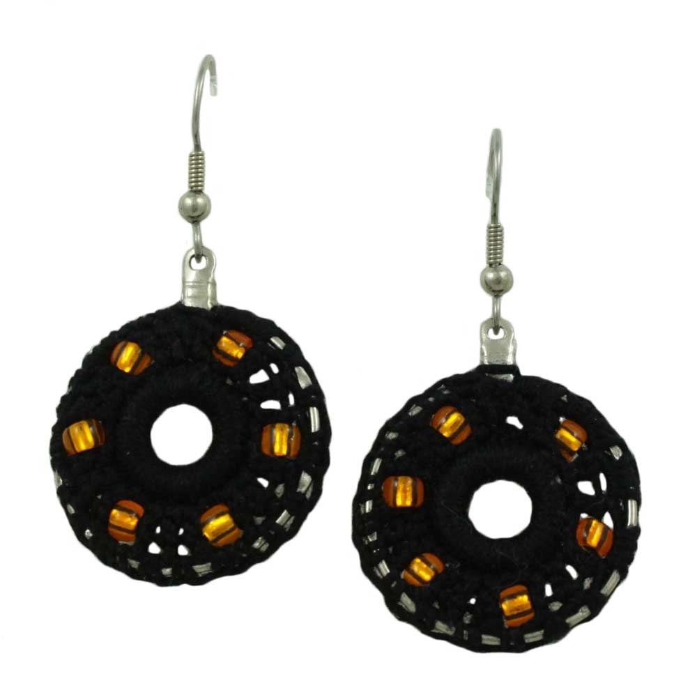 Black Crochet Circle with Gold Beads Dangle Pierced Earring - STXE10 - Lilylin Designs