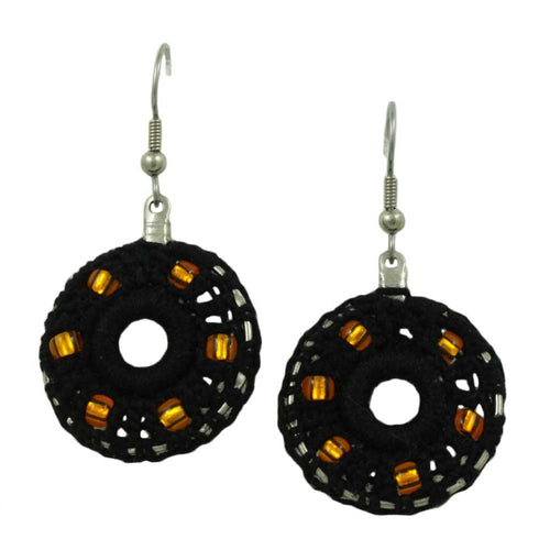 Black Crochet Circle with Gold Beads Dangle Pierced Earring - STXE10 - Lilylin Designs