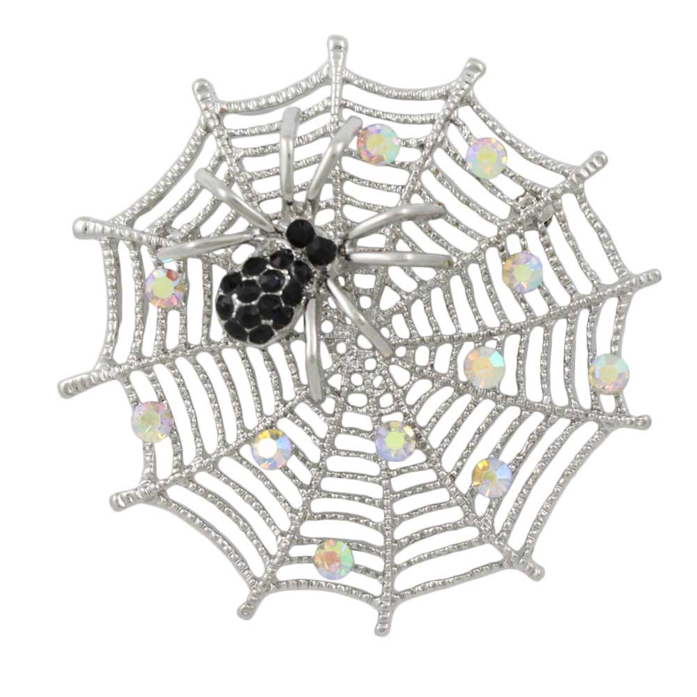 Silver - tone Web with Black Crystal Spider Brooch Pin - PRI602 - Lilylin Designs
