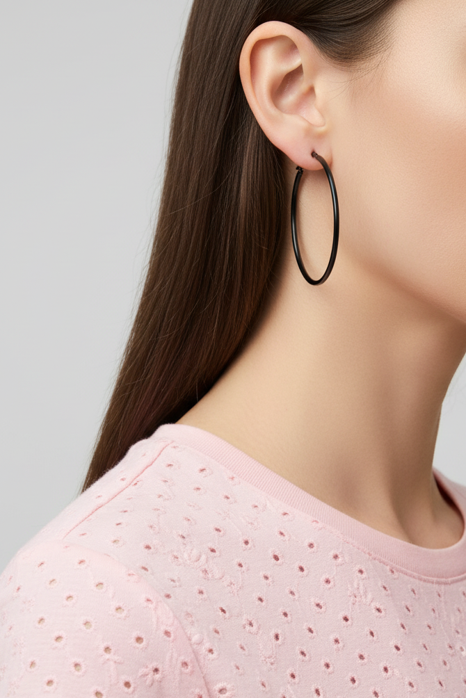 Model wearing black enamel skinny hoop earrings - Lilylin Designs