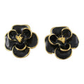 Black Enamel Flower Trimmed in Gold Pierced Earring - EQ103 - Lilylin Designs
