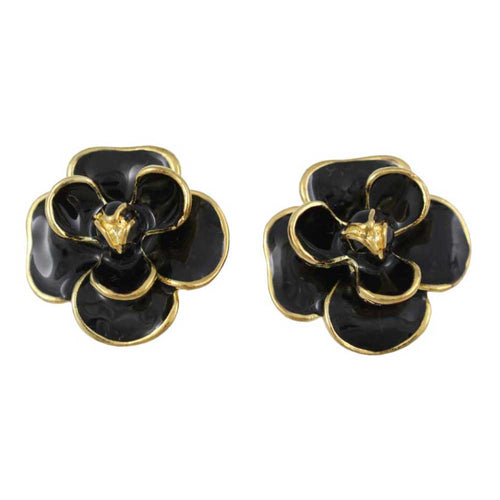Black Enamel Flower Trimmed in Gold Pierced Earring - Lilylin Designs