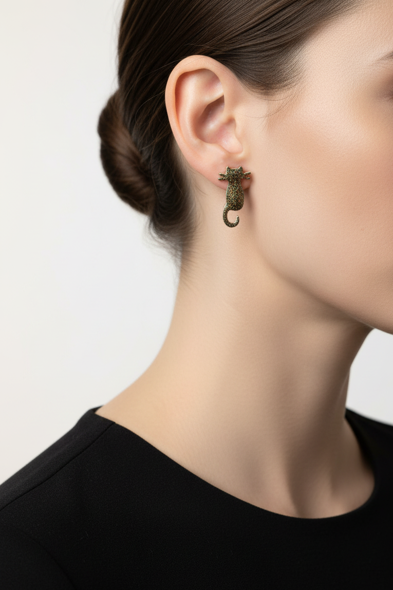 Model wearing lack glitter cat earring - Lilylin Designs