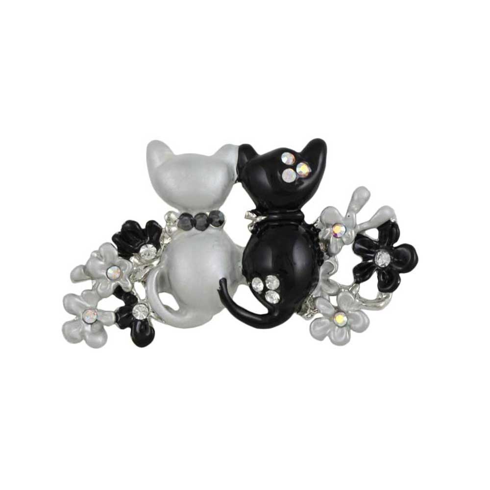 Black and Gray Enamel Cats in Flower Garden Brooch Pin - Lilylin Designs