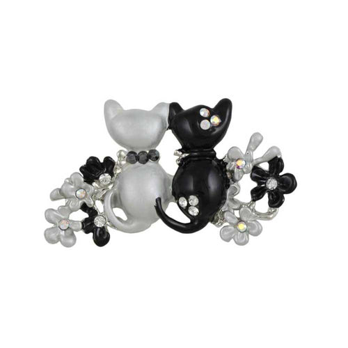 Black and Gray Enamel Cats in Flower Garden Brooch Pin - Lilylin Designs