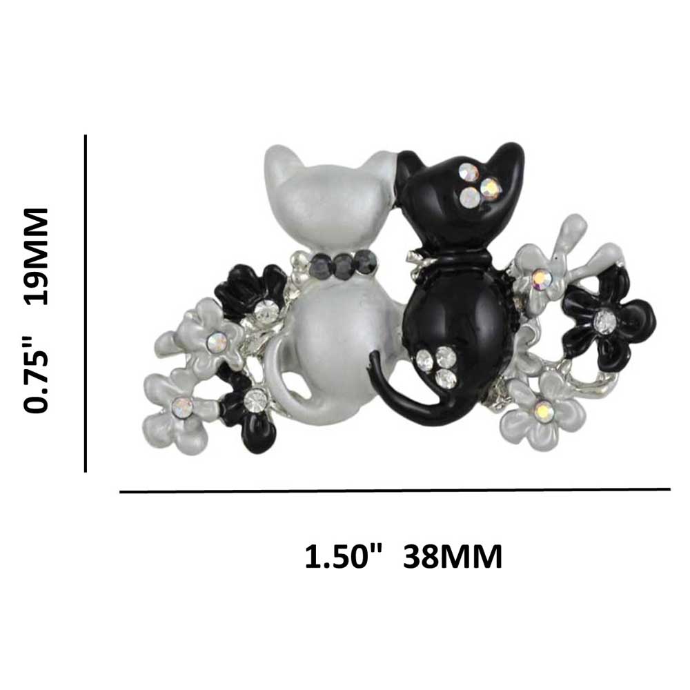 Black and Gray Enamel Cats in Flower Garden Brooch Pin shown with measurements - Lilylin Designs