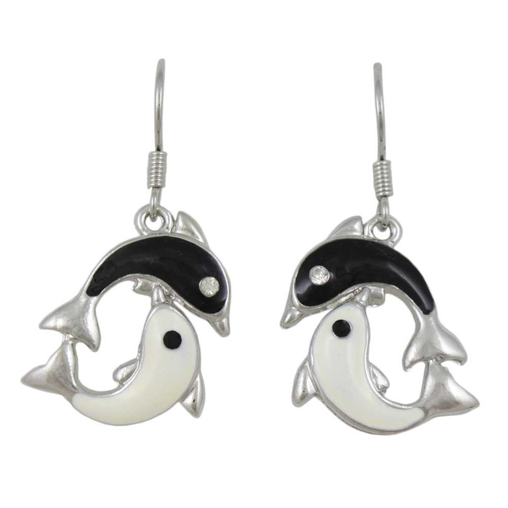 Black and white dolphin earrings on a white background - Lilylin Designs
