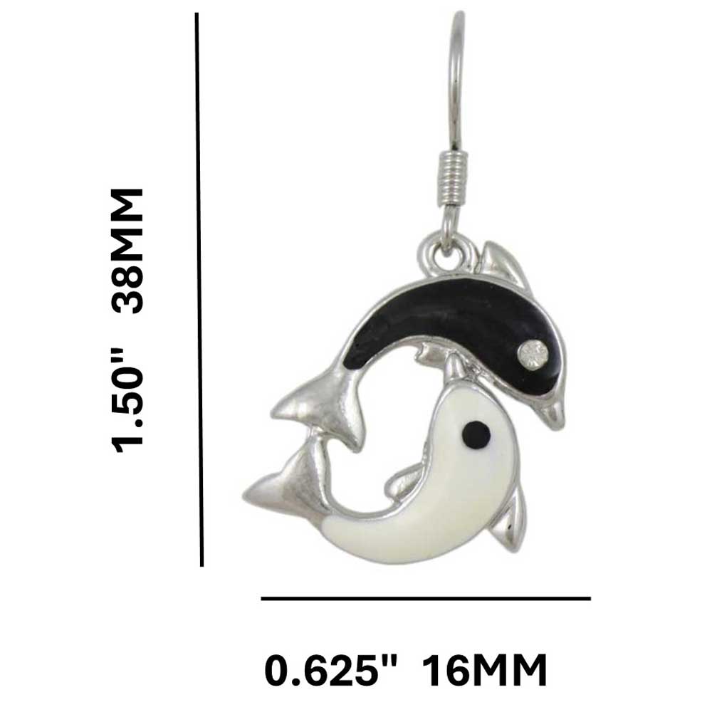Black and White Enamel Yin Yang Dolphins Pierced Earring with measurements - Lilylin Designs