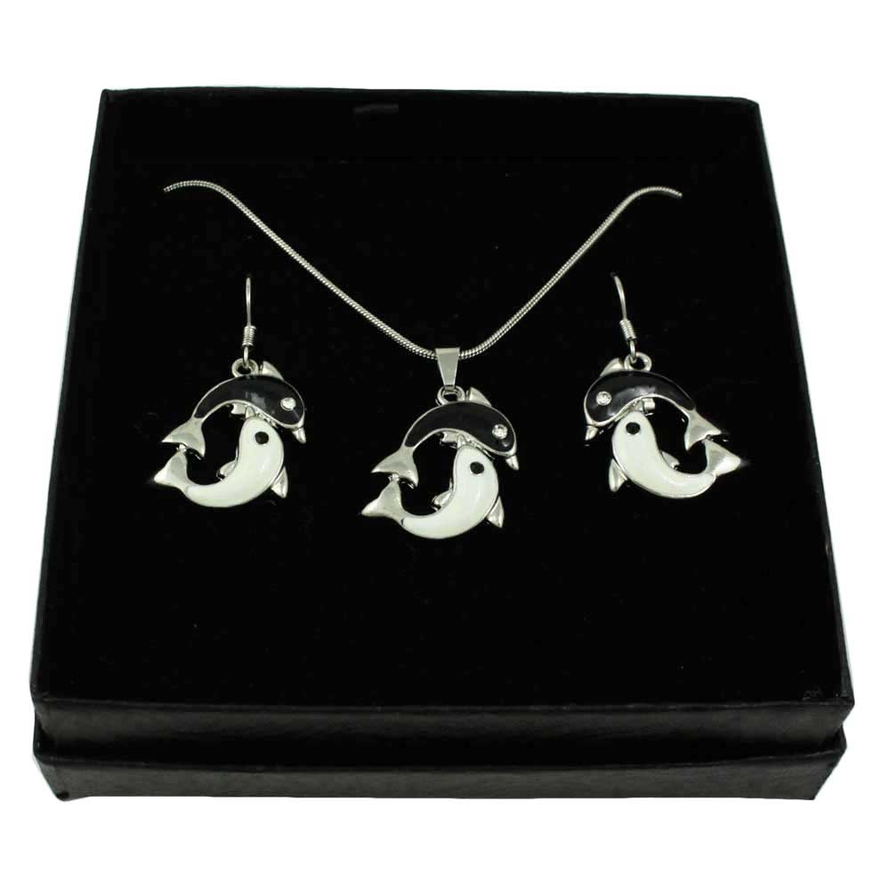 Black and white Yin Yang Dolphin Necklace and Earring Jewelry Gift Set in a black gift box - Lilylin Designs