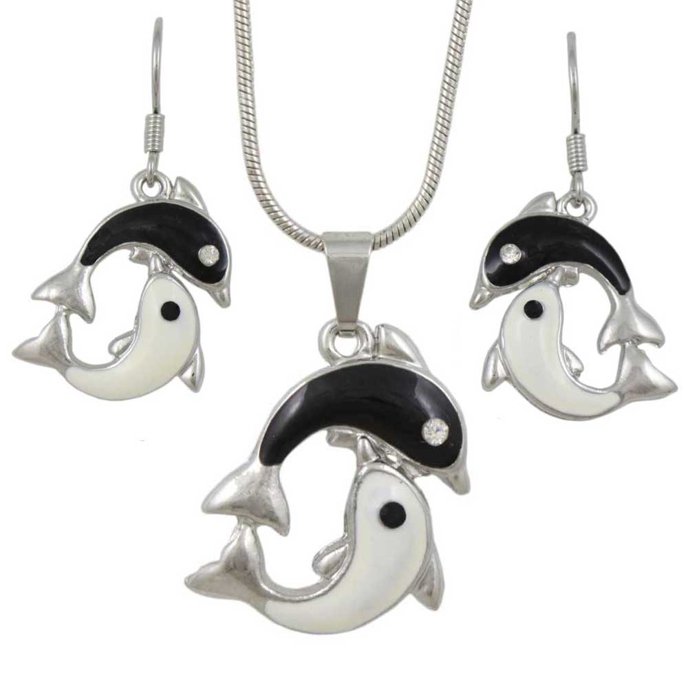 Black and White Yin Yang Dolphin Necklace and Earring Jewelry Gift Set - Lilylin Designs