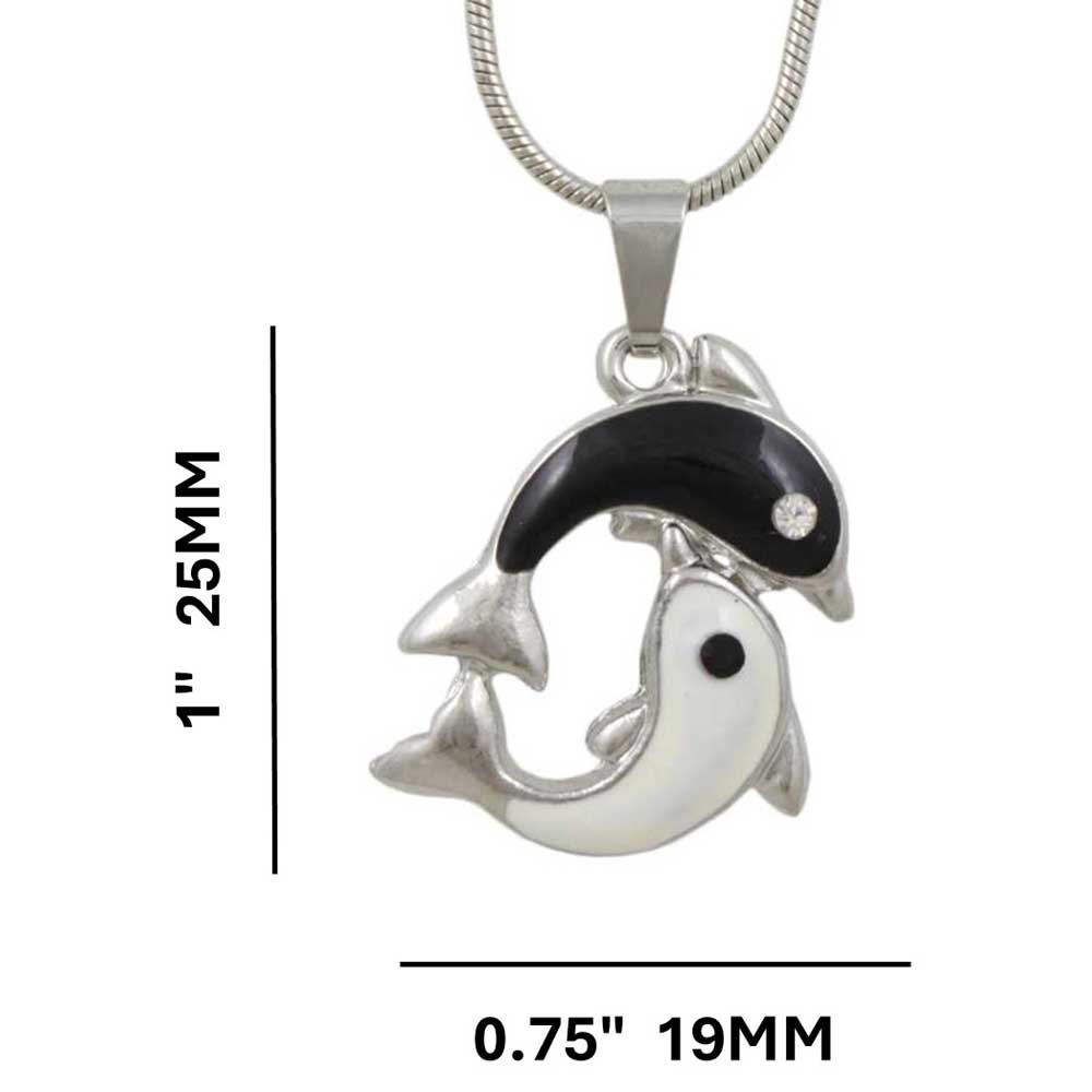 Black and White Yin Yang Dolphins Pendant on Silver Chain shown with measurements - Lilylin Designs